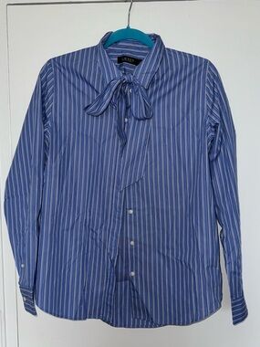 Lauren Ralph Lauren Blue Striped Tie-Neck Blouse
